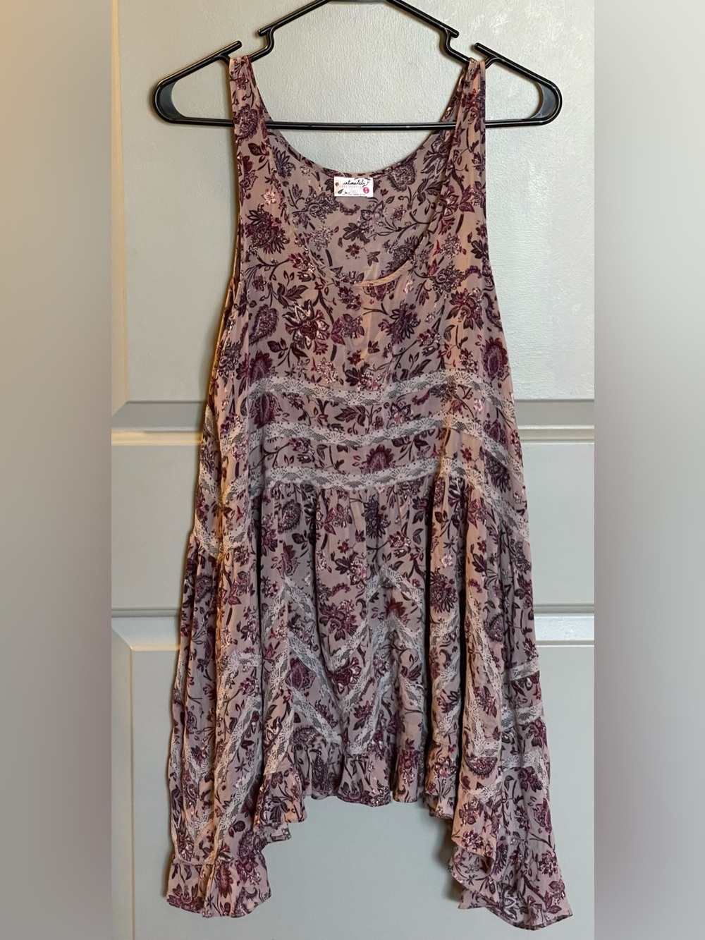 Free People Purple Floral Lace Trim Tiered Ruffle Hem Trapeze Slip Dress Medium